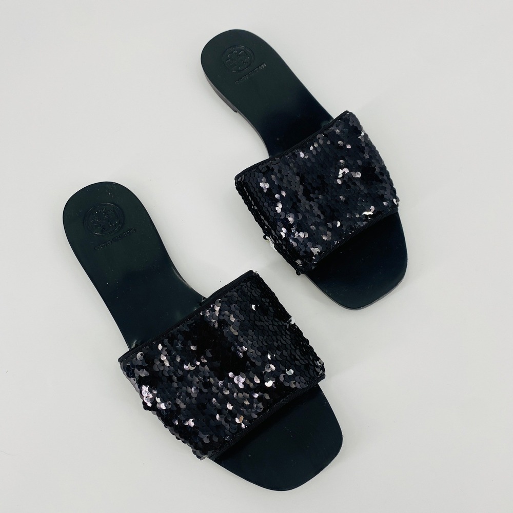 Tory Burch Slide Sandals Womens 8M Black Sequin Leather Sole Flat